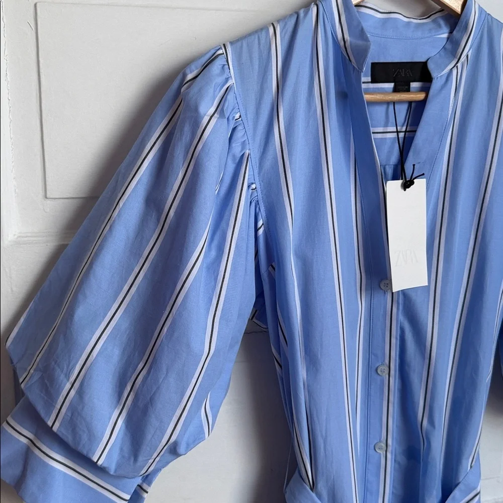 Zara ZW Blue Striped Belted Shirt Dress Puff Sleeves 100% Cotton Buttons NWT XS - Picture 3 of 15